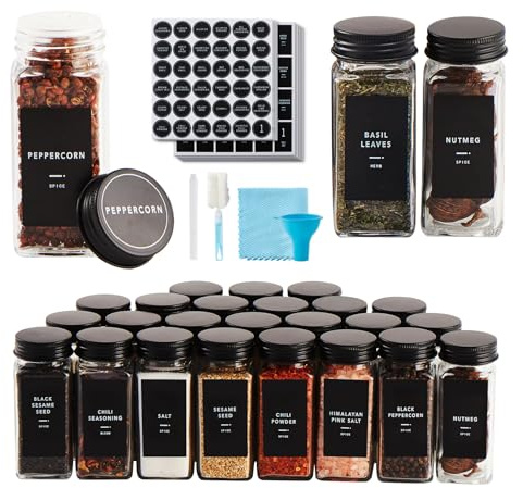 Skiileor 25 Pcs Spice Jars with Label- Glass Spice Jars with Black Metal Caps,Shaker Lids, Funnel, Chalk Pen, 4oz Seasoning Containers Bottles for Spice Rack, Cabinet, Drawer