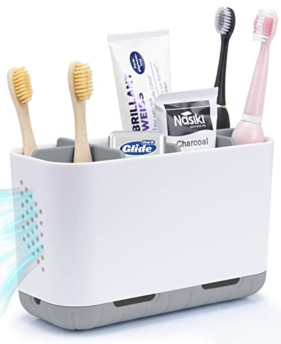 Zahnbürstenhalter Elektrische Zahnbürste Organizer Grau Stehend für Badezimmer Waschbecken, Große Zahnbürstenständer Abflussig mit Verstellbaren Trennwänden Anti-Rutsch für Familie, Kinder