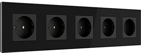 PULSAR Steckdose Unterputz 5-Fach Glas Schwarz, Schuko-Wandsteckdose 16A | Steckdose Schwarz 5-Fach Glas Unterputz, Schuko Wandsteckdose 16A, 370 x 86mm mit Kindersicherung, Fünffach-Steckdose