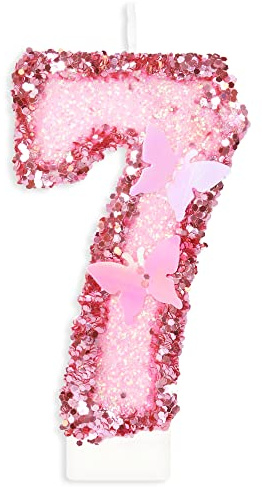 Geburtstagskerzen Zahlen 7, Schmetterling Kerzen Geburtstag, Personalisierte Geburtstagskerzen Kinder, Rosa Tortendeko 7 Geburtstag, Glitzernde Kuchendeko für KinderGeburtstags, Erwachsenen-Jubiläum