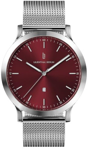 Lilienthal Berlin Montre Homme Huxley Argent/Bordeaux - Montre en Acier Chirurgical 316L avec un Mouvement Quartz & Verre Minéral Trempé Saphir - 40mm, Bracelet en maille argentée, Bracelet