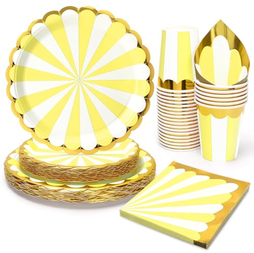 PARTY GO 96PCS Yellow Party Supplies, Disposable Tableware Set, Includes 9 Plate Paper Plates, 7 Plate Paper Plates, Cups, Napkins, for Picnic, Happy Birthday Party