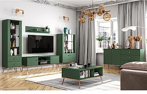 Lomadox Wohnwand Wohnzimmermöbel grün 6-teilig Modern, 1 Vitrine, 1 Highboard, 1 Sideboard, 1 Lowboard, 1 Couchtisch, 1 Wandboard inkl. LED-Beleuchtung