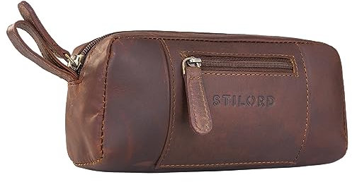 STILORD 'Ted' Kleines Etui Leder Vintage Federmäppchen Schlamperrolle Federmappe Schlampermäppchen Stifterolle Federtasche Federpenal Lederetui für Stifte Echtleder, Farbe:Cognac - Dunkelbraun
