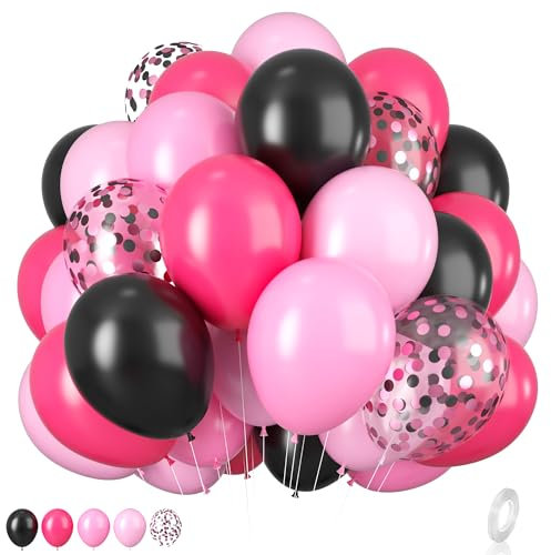Pink and Black Balloons, 12 Inch Hot Pink Black Balloons Set with Black Pink Confetti Balloons, Pastel Pink Light Pink Black Balloons for Girl Birthday Party Wedding Decorations
