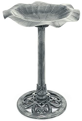 CHRISTOW Plastic Resin Bird Bath for Garden, Leaf Shaped Pedestal Birdbath, Traditional Style, Rustic Metal Effect, Standing Outdoor Water Bowl, 60cm x 43cm x 43cm (Grey)
