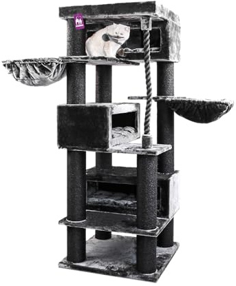 Petrebels Kratzbaum Maine Coon XXL Dicke Stämme, Turnpike 200 cm, Schwarz | extrem stabil, 2 Meter hoch, für große Katzen, Ø 15 cm Sisalstamm, mit XL Hängematten, Schlafhöhlen & extra dicke Bodenplatte
