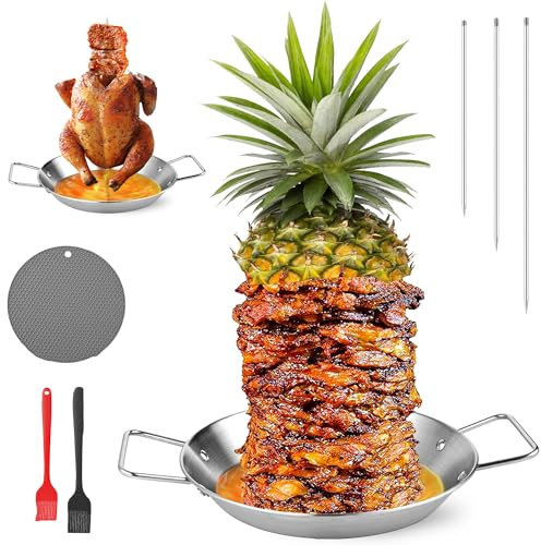 Al Pastor Spieß für Grill, Edelstahl Vertikaler Spieß Pfanne, Vertikaler Drehspieß mit 3 abnehmbaren Grillspießen (20,3 cm, 25,4 cm, 30,5 cm) Handschuhe und Matte, für Tacos Al Pastor, Shawarma, Grill