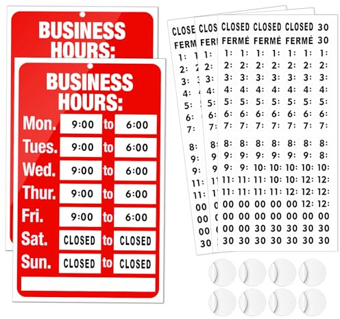 Kit de 2 letreros abiertos de horario laboral, letrero de horario comercial FlyCoco pegado a cualquier negocio, tienda u oficina, para cualquier puerta o ventana de cristal, 7.9 x 11.8 pulgadas,