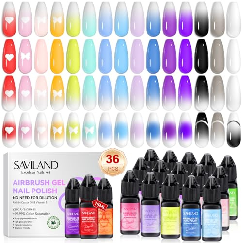 SAVILAND Airbrush Gel Polish Set, 36 Colors No Dilution Needed High Pigment Gel Polish Airbrush Paint for Acrylic French Gradient Nails Home Salon DIY