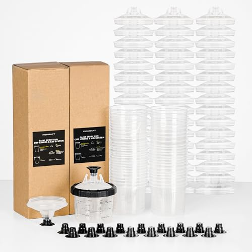 InoKraft Disposable Paint Spray Gun Cup, Paint System for HVLP and LVLP Paint Spray Paint Gun, Mini 6 Ounce (200ml) Kit with 50 Cups and Lids System, 1 Hard Cup with Retainer Ring and 20 Plugs | Fast color changes, less cleanup, leak-resistant storage, ideal for detail painting and small projects