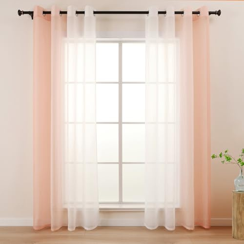 L.Z.E Vorhang Rosa Weiß Farbverlauf, Transparente Gardinen für Wohnzimmer Schlafzimmer Mädchenzimmer, 140 x 245 cm Lang, 2er Set Voile Vorhänge Gardine mit Ösen, Ösenschals Dekorativ