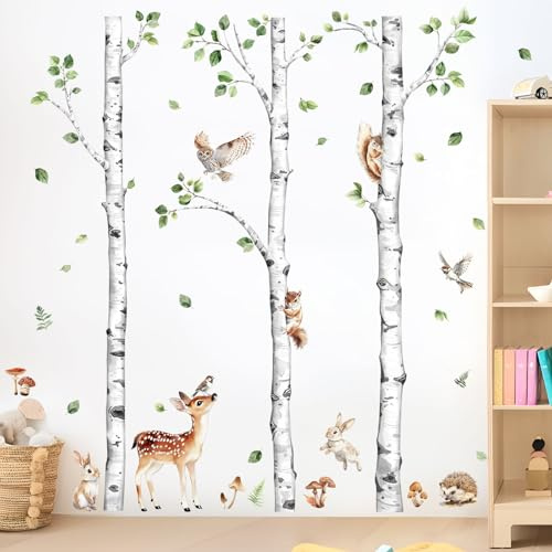 Decvictor Wandtattoo Großer Birkenbaum Waldtier Wandaufkleber Hirsch Kaninchen Eichhörnchen Eule Wandsticker Kinderzimmer Babyzimmer Jungenzimmer Mädchenzimmer Wanddeko (H: 153cm)