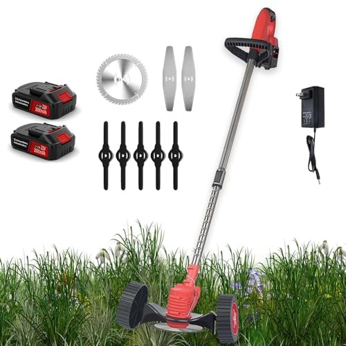 YQDDM Desbrozador eléctrico inalámbrico, cortadora de césped inalámbrica con 3 tipos de cuchillas y ruedas extraíbles, cortador de cepillo sin cuerdas que funciona con pilas para césped, patio, jardín