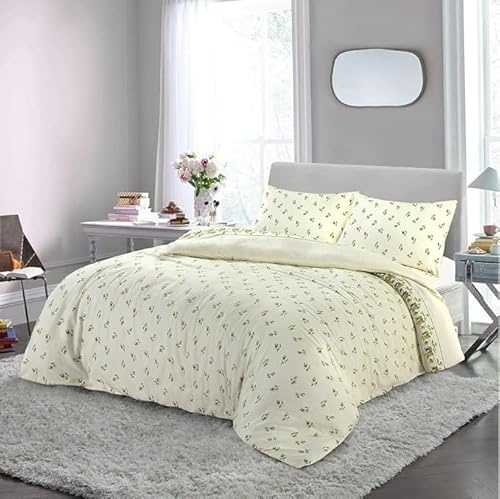 Flannel Rose Bud Duvet Cover Set - Soft & Warm Thermal Flannelette Rosebud 100% Brushed Cotton Floral Quilt Cover with Pillowcases (Natural, Single)