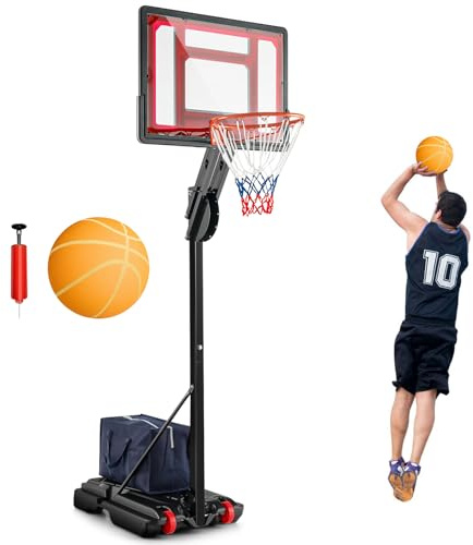 COSTWAY Panier de Basketball sur Pieds Hauteur Réglable de 1,55 à 3,1 m, Support de Basketball Portable avec Panneau Arrière en Pet Basket-Ball et Pompe, Intérieure Extérieure pour Enfants/Jaunes