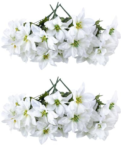 MUNSKT Künstliche Weihnachtssternsträucher, 4 Stück, 6 Köpfe, Seidenstoff, roter Weihnachtsstern, künstlicher Weihnachtsstern, Blumenstrauß für Weihnachten, 35 cm (Weiß)