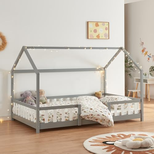 [en.casa] Kinderbett Sisimiut Hausbett Montessori 120 x 200 cm mit Rausfallschutz Holzbett für Kinder Bodenbett Lattenrost Kiefernholz Hellgrau/Weiß