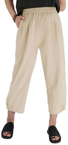 Les umes Dam bomull casual capribyxor elastisk midja sommarbyxor harembyxor med fickor, kaki, 3XL
