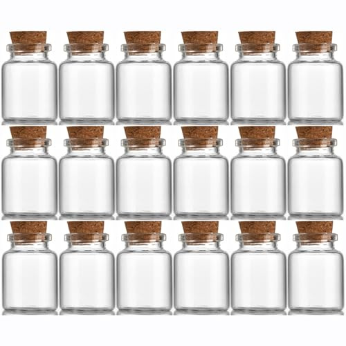 EWEIGEER Lot de 18 petites bouteilles en verre de 30 ml avec bouchon en liège, bouteilles décoratives, fioles, bocaux de rangement, bouteilles à souhaits 30 x 40 mm