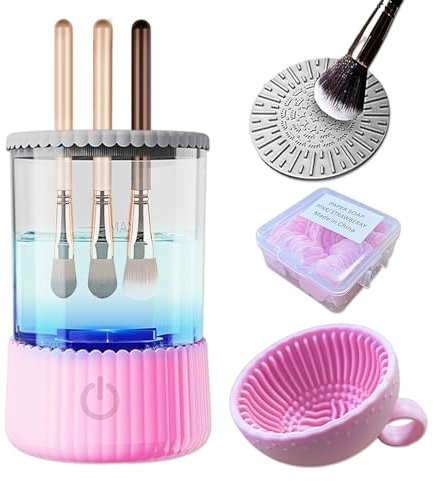 Nettoyeur de pinceaux de maquillage, nettoyage électrique des pinceaux de maquillage, machine de nettoyage automatique de pinceaux cosmétiques avec tampon de nettoyage et bol de nettoyage, excellent