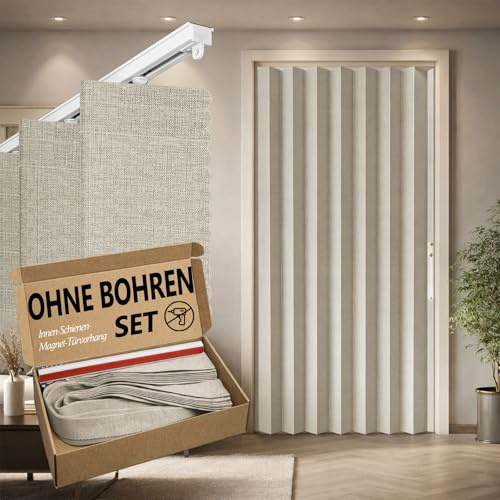 JILRON Cortina de puerta 100% opaca, diseño de acordión plegable con cierre magnético y montaje adhesivo sin taladrar, incluye riel, para puertas de patio o puertas de cristal, color blanco crema, 201