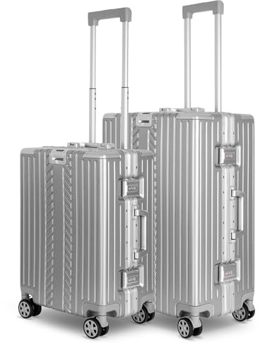 WINLIFE SPARSET M+L Reisekoffer Alu-Rahmen mit ABS & TSA Nummern-Schloss Handgepäck M(53cm)+Checkin-Trolley L(65cm) Hartschalenkoffer | Silber