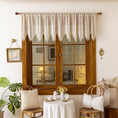 champracer Kurzgardinen Dreieckiger Gardine Spitze Scheibengardinen Küchenvorhänge modern transparent Kurzer Vorhang für Küche Wohnzimmer Landhaus (200 * 60cm,Beige)