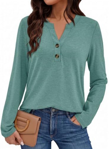 Pawate Damen Langarmshirt Elegant Oberteil V-Ausschnitt Blusen Business Tops Casual Baumwolle Shirts Herbst Tunika