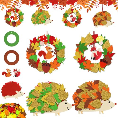 136 Stück DIY Sachenmacher mit Kindern Herbst Kränze Bastelset Herbst Basteln Kinder Erntedankfest Basteln Moosgummi Igel Bastelset für Kinder Filz Moosgummi Sticker Kranz Erntedank Kindergarten