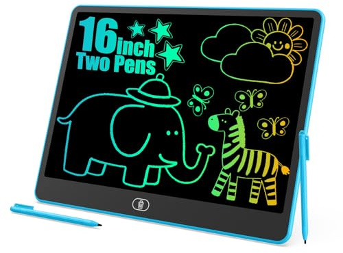 LCD Schreibtafel Kinder mit Zwei Stiften, Zaubertafel 16 Zoll, Umweltfreundlich Heller Bunten Schrift Pad Lernspielzeug, Geschenke für 3-8 Jährige Mädchen Jungen (Blua)