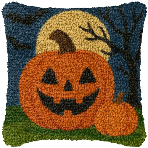 ZUHK 3D DIY Latch Hook Kits -17x17 Inch with Colorful Printed Canvas,Beginners Animals Latch Hook Pillow Kit,fit for Christmas, Halloween,Home Sofa Decoration (I Halloween Pumpkin)