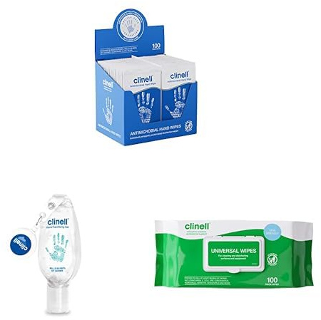Clinell Cold & Flu Season Bundle – Hand Wipes, Surface Disinfectant Wipes & Alcohol Gel Clip – Family Hygiene Essentials for Germ Protection On-the-Go