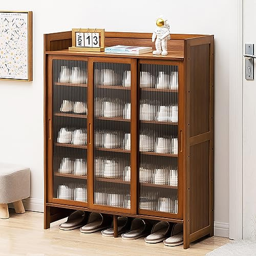 Zapatero de bambú de 5 niveles con puertas correderas, moderno y independiente, elegante entrada para pasillo y sala de estar, solución de almacenamiento de nogal (87 x 32 x 106 cm)