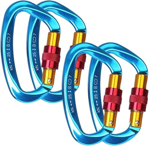 Syzplnwy Lot de 4 mousquetons professionnels robustes en forme de D pour escalade, alpinisme, hamac, camping et utilisation en extérieur - Bleu - 25 kN