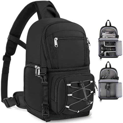 RAINSMORE Camera Bag Small DSLR & Mirrorless Camera Case for Photographers Waterproof Sling Crossbody Camera Bag with Removable Padded Insert & Tripod Holder for Canon/Nikon/Sony/Fuji, Black