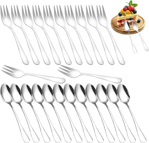 LOMUG Kaffeelöffel und Kuchengabeln Set 24 Stück, Kleine Löffel und Gabeln Set, Kaffeebesteck Edelstahl für Hochzeit, Geburtstag, Weihnachten, Spülmaschinenfest