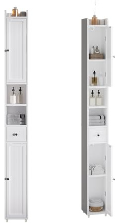 ELUREVIA Badezimmerschrank Schmal, Freistehend mit 2 Türen und 1 Schublade, Verstellbares Fach, Feuchtigkeitsbeständig und Umkippschutz, Weiß