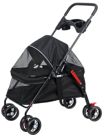 4 Wheel Foldable Dog Stroller - Breathable Mesh Pet Pram with Dual Brakes, Cup Holder & 50L Storage for Medium Dogs & Cats