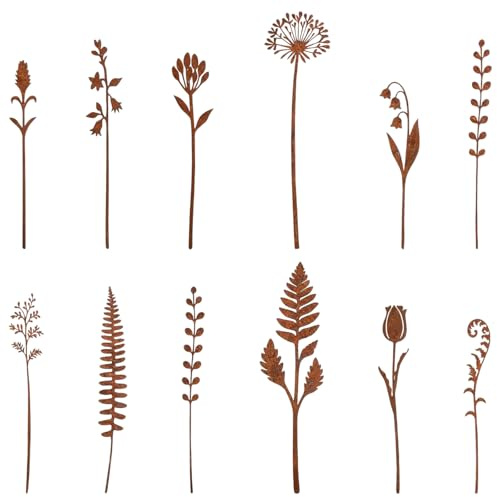 Qubitly 12 Pcs Vintage Rustic Metal Flowers For Garden, Corrosion-Resistant Metal Garden Stakes, Artistic Flower Silhouette Decor, Plant Pot Decorations, for Yard Terrace Vase Indoor Outdoor Use