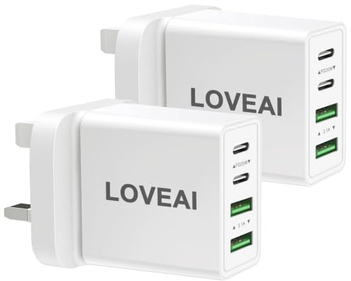 USB C Plug Fast Charge, 2Pack UK Phone Charger Plug 40W 4-Port 3 Pin Multi USB and USBC Fast Charging for iPhone 17 16 15 14 13 12 11 Pro Max SE XS XR, iPad, Apple Watch, USB Type C Adapter Head