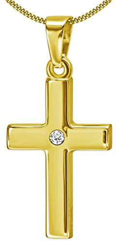 CLEVER SCHMUCK Goldener Mädchen Kreuz Anhänger 18 mm schlicht mit 1 Zirkonia mittig 333 Gold 8 Karat & vergoldeter Kette Panzer 38 cm zur Taufe, Erstkommunion im Schmucketui anthrazit