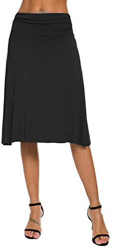 EXCHIC Donna Elegante Casual Elastico Midi Yoga Gonna Piega Media Vita Svasato A-Line Gonna(S, Nero)