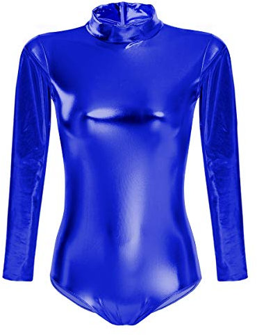IBTOM CASTLE Ballettanzug Damen Frauen Langarm Body Ballett Trikot Turnanzug Gymnastikanzug Tanzen Bodysuit Tanztraining Gymnastik Kostüm Einteiler Metallic One Piece Leotards Oberteile Königs Blau S