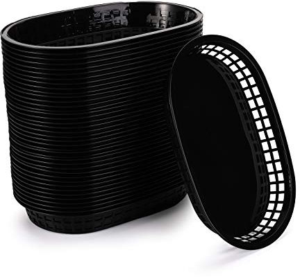 Cedilis 40 Pack Fast Food Baskets, 27 x 18 cm Black Plastic Baskets, Food Service Tray for Hot Dogs, Burgers, Sandwiches, Fries, Barbecues, Picnics, Parties