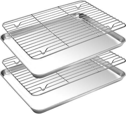 CEKEE Backblech- und Kühlgitter-Set, 4-teiliges Edelstahl-Backblech zum Backen mit Backrost, ungiftig, strapazierfähig und leicht zu reinigende Backform für Toaster, Größe 45,7 x 30,5 x 2,5 cm