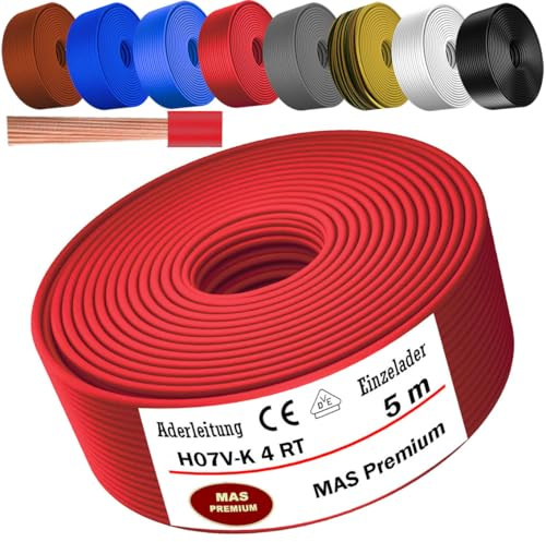 MAS Premium Von 5 bis 100m Aderleitung H07 V-K 4 mm² Schwarz, Braun, Dunkelblau, Grüngelb, Grau, Hellblau, Weiß oder Rot Einzelader flexibel (Rot, 5m)