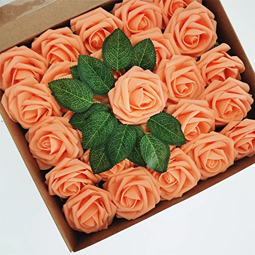 HAOSHICS 25 Stück künstliche Blumen, fühlen sich echt an, Schaumstoffrosen, künstliche Rosen mit Stiel für Hochzeit, Brautsträuße, Valentinstag, Babyparty, Party, Heimbüro, Hoteldekoration (orange)
