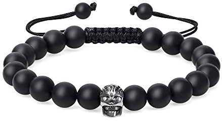 COAI Pulsera Ajustable para Hombre y Mujer con Cuentas de Ónix Negro Mate Piedra Natural y Dije de Calavera