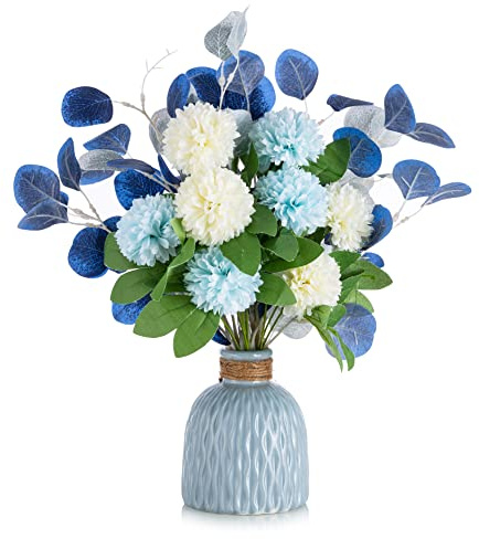BLOSMON Bouquet Fleur Artificielle Table Decoration Bleu Hortensia avec Bleu Vase pour Deco Chemin de Table Fausse Flowers pour Décoration Salon Maison Anniversaire Fête Balcon Bureau